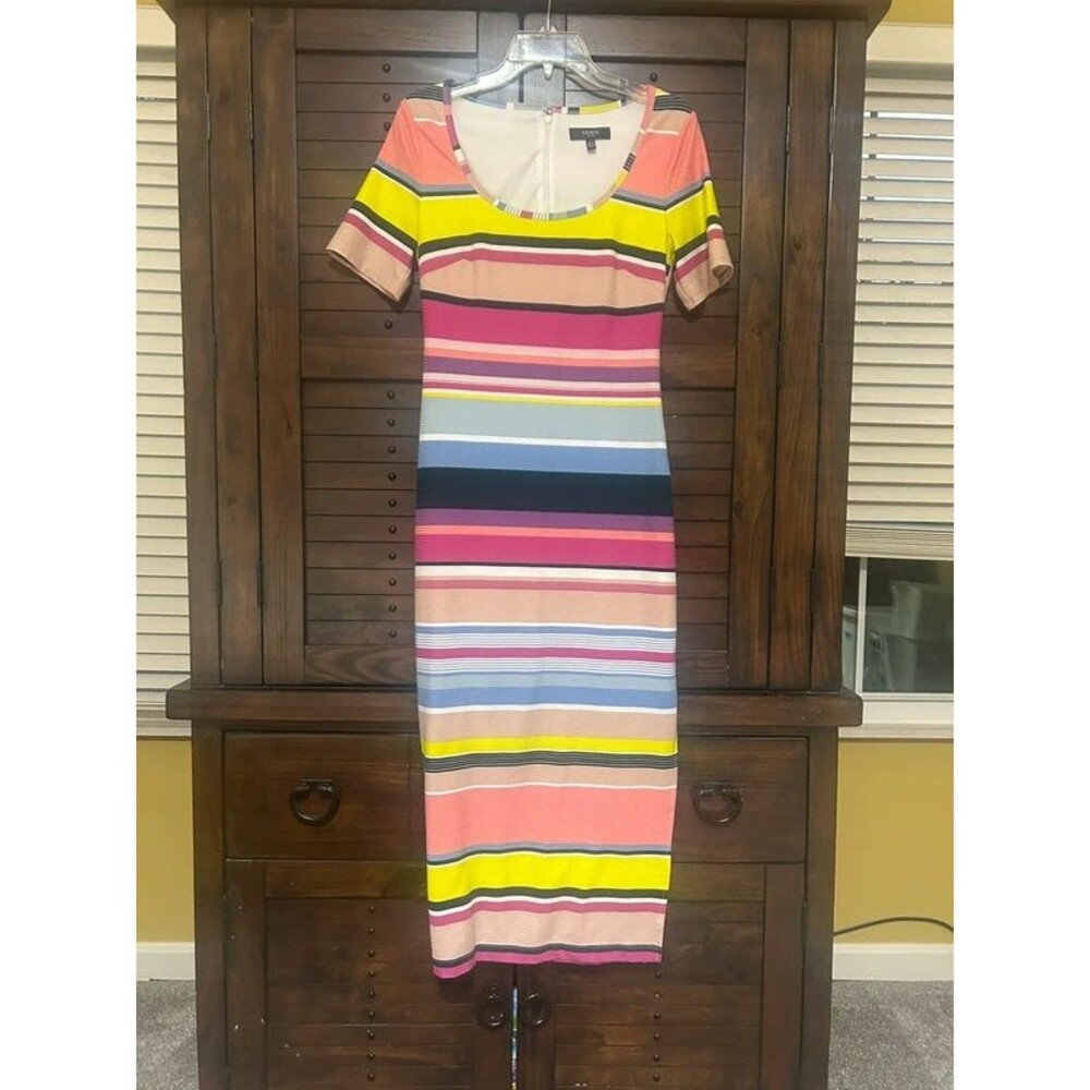 GUESS Multi-color Bright Striped Maxi Dress Size 4 Ribbed Short Sleeve Happy